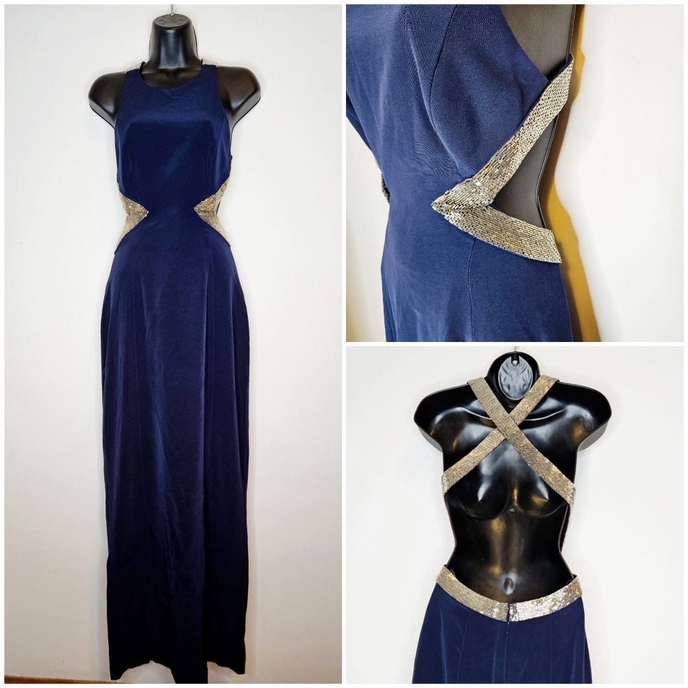 Vintage Y2K Niteline Cut-out Long Dress Sz 4 Beaded Navy Blue Prom Guest Event